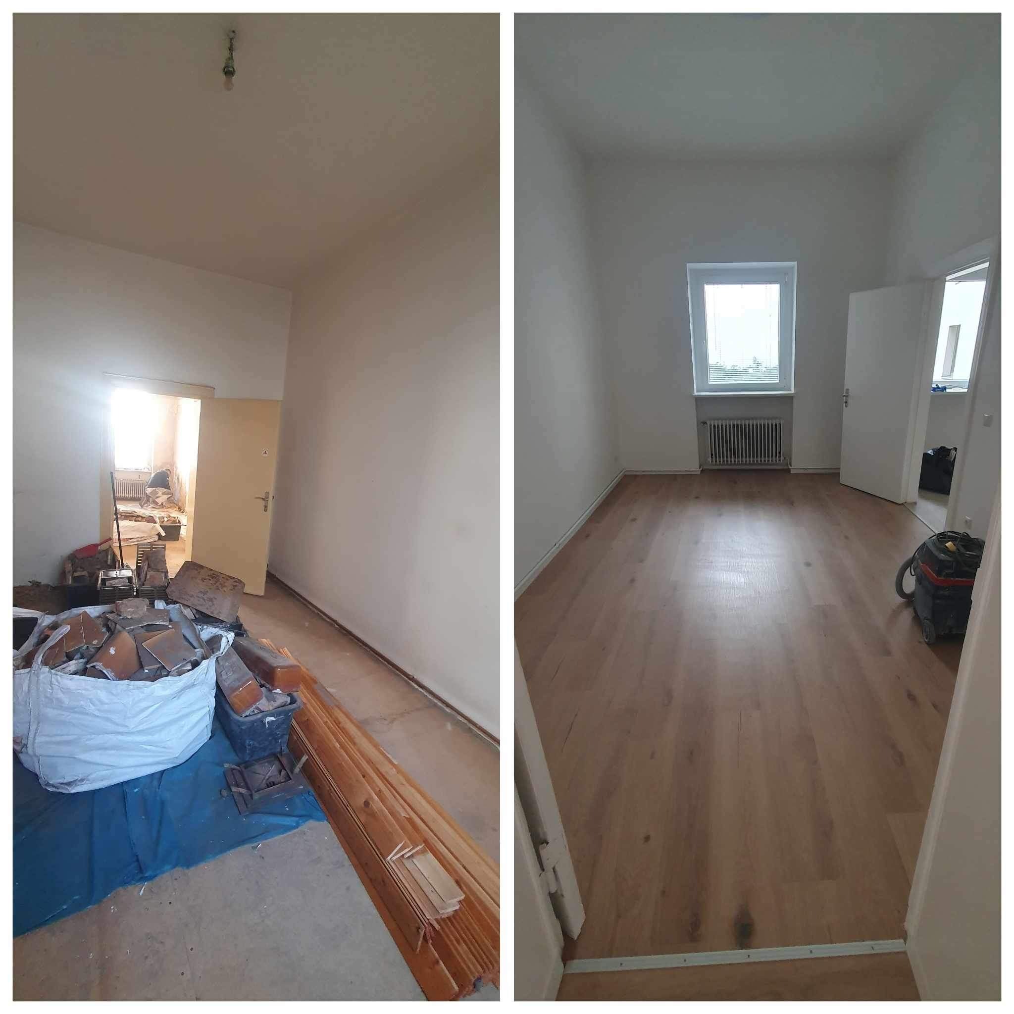 Pokój przed i po: po lewej gruz i resztki materiałów budowlanych, po prawej świeżo położona podłoga z paneli, odkurzacz i czyste ściany.