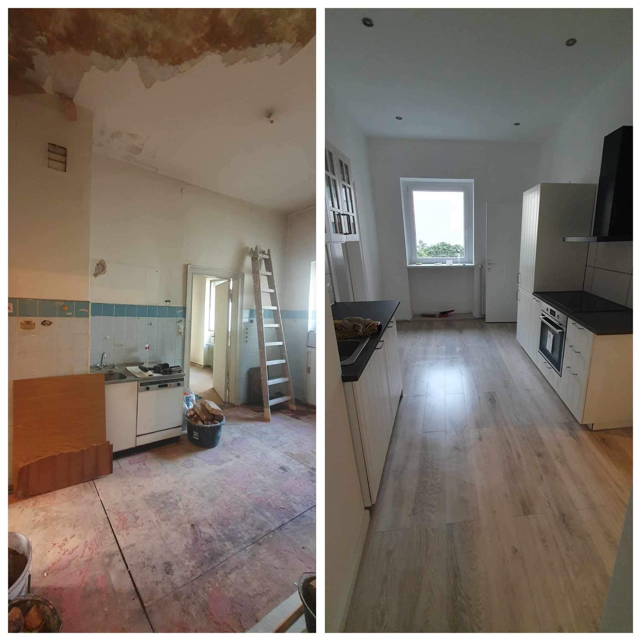 Zdjęcie przedstawia porównanie kuchni przed i po renowacji: po lewej stronie widoczne zniszczone ściany, stara zabudowa, brakujące fragmenty tynku, a po prawej odnowione wnętrze z nowymi meblami...