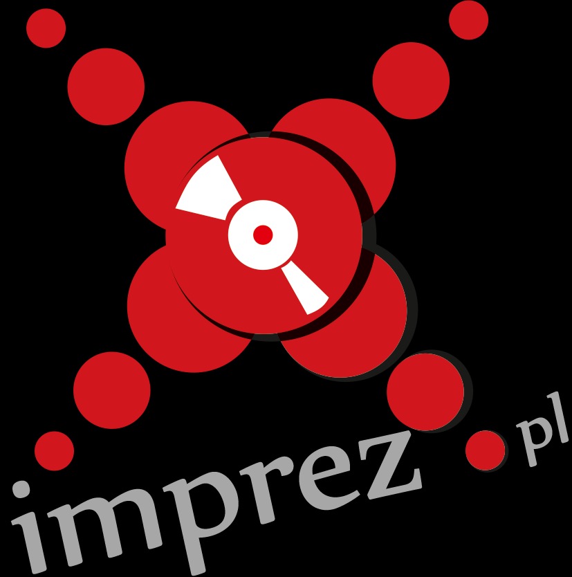 Graficzne logo z czerwonymi kołami i symbolem płyty winylowej w centrum, oraz napisem 'imprez.pl' w dolnej części na czarnym tle.