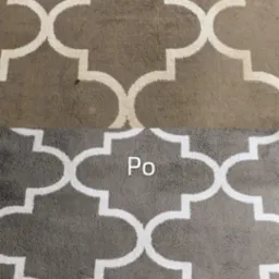 Dywan w geometryczne wzory, szary, ujęcie przed i po czyszczeniu, widoczne różnice w kolorze i usunięte plamy.