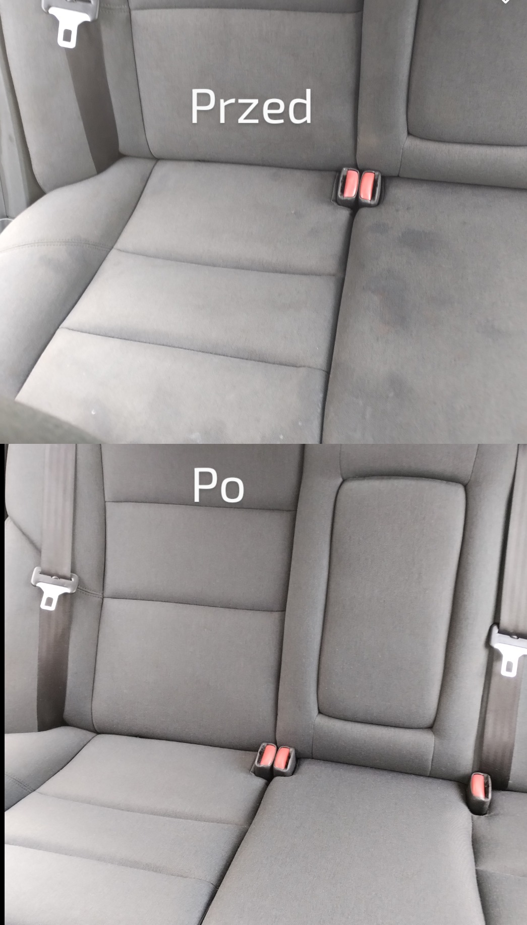 Tapicerka samochodowa tylnej kanapy, widok przed i po czyszczeniu, z wyraźną różnicą w czystości materiału.
