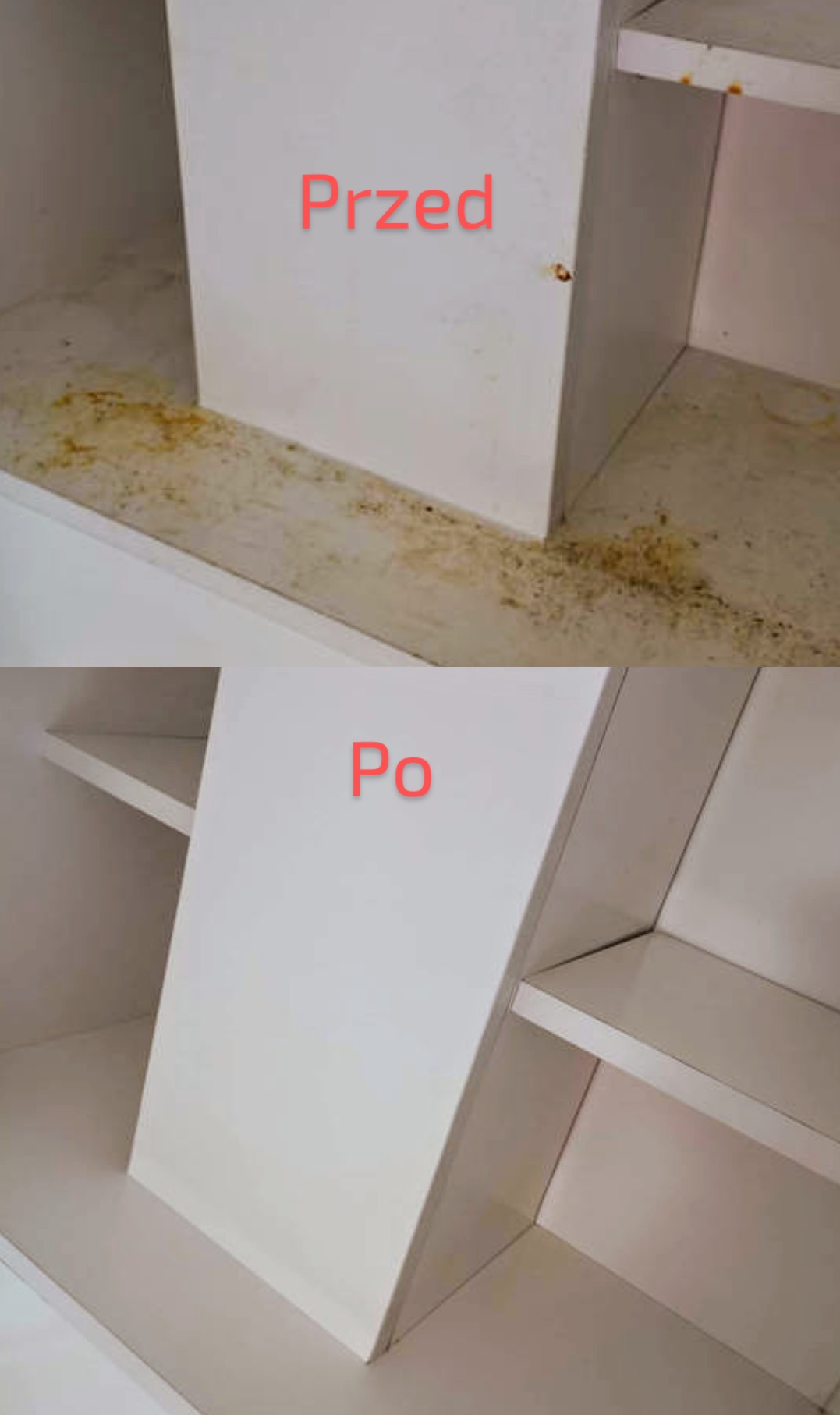 Półka w szafie przed i po czyszczeniu: na górze widoczne zabrudzenia i plamy, na dole czysta, biała powierzchnia.