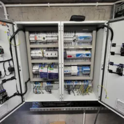 Otwarta szafa sterownicza z widocznymi zabezpieczeniami, modułami sterującymi, zasilaczami, przewodami i wentylatorami chłodzącymi, zamontowana w pomieszczeniu technicznym.