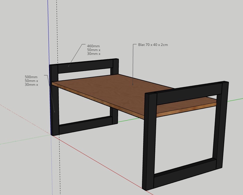 Model 3D ławki z drewnianym blatem i czarną metalową ramą, widoczne wymiary elementów w milimetrach i centymetrach.