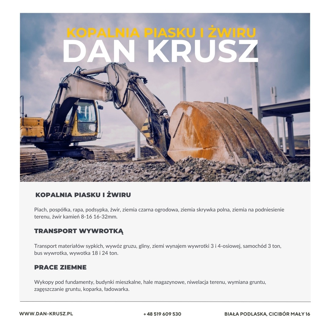 Żółta koparka nabiera żwir podczas prac ziemnych na tle konstrukcji budowlanej i firmowego logo 'Kopalnia Piasku i Żwiru Dan Krusz' w tle.