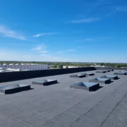 Bitumiczna powierzchnia dachu przemysłowego z świetlikami w kształcie kwadratów, widok na odległy horyzont i błękitne niebo z delikatnymi chmurami.