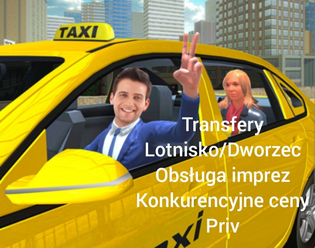 Grafika reklamowa taksówki z uśmiechniętym kierowcą pokazującym znak zwycięstwa, pasażerka na tylnym siedzeniu, miejski krajobraz w tle, napis 'TAXI' na dachu oraz hasła reklamowe na karoserii.