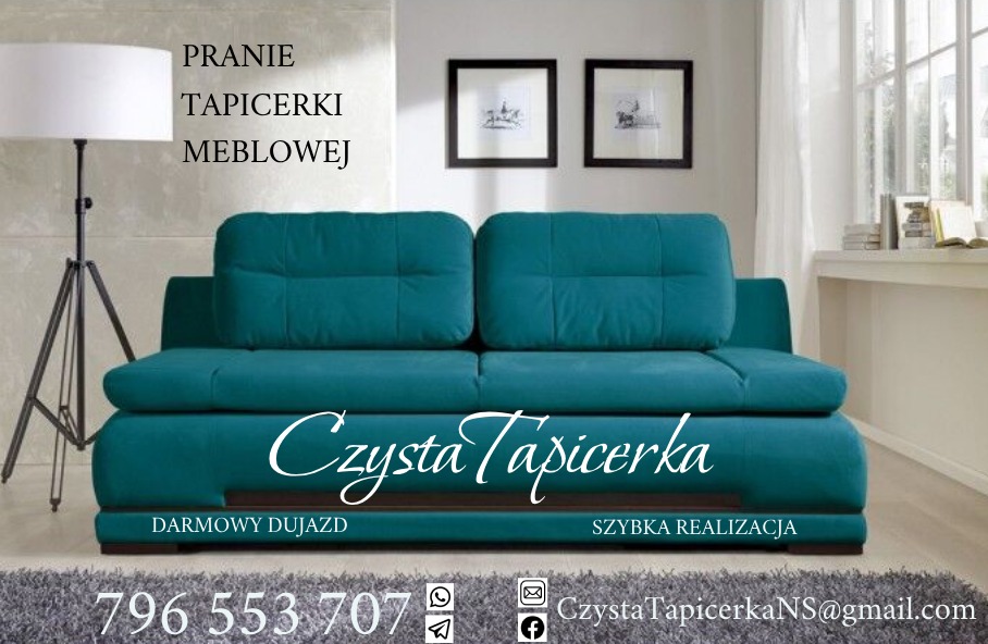 Turkusowa kanapa z napisem 'Czysta Tapicerka' na tle jasnego wnętrza z lampą i dekoracjami ściennymi, promująca usługi prania tapicerki meblowej z darmowym dojazdem i szybką realizacją.