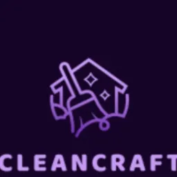 Fioletowe logo firmy sprzątającej CleanCraft przedstawiające zarys domu i pędzla na ciemnofioletowym tle.