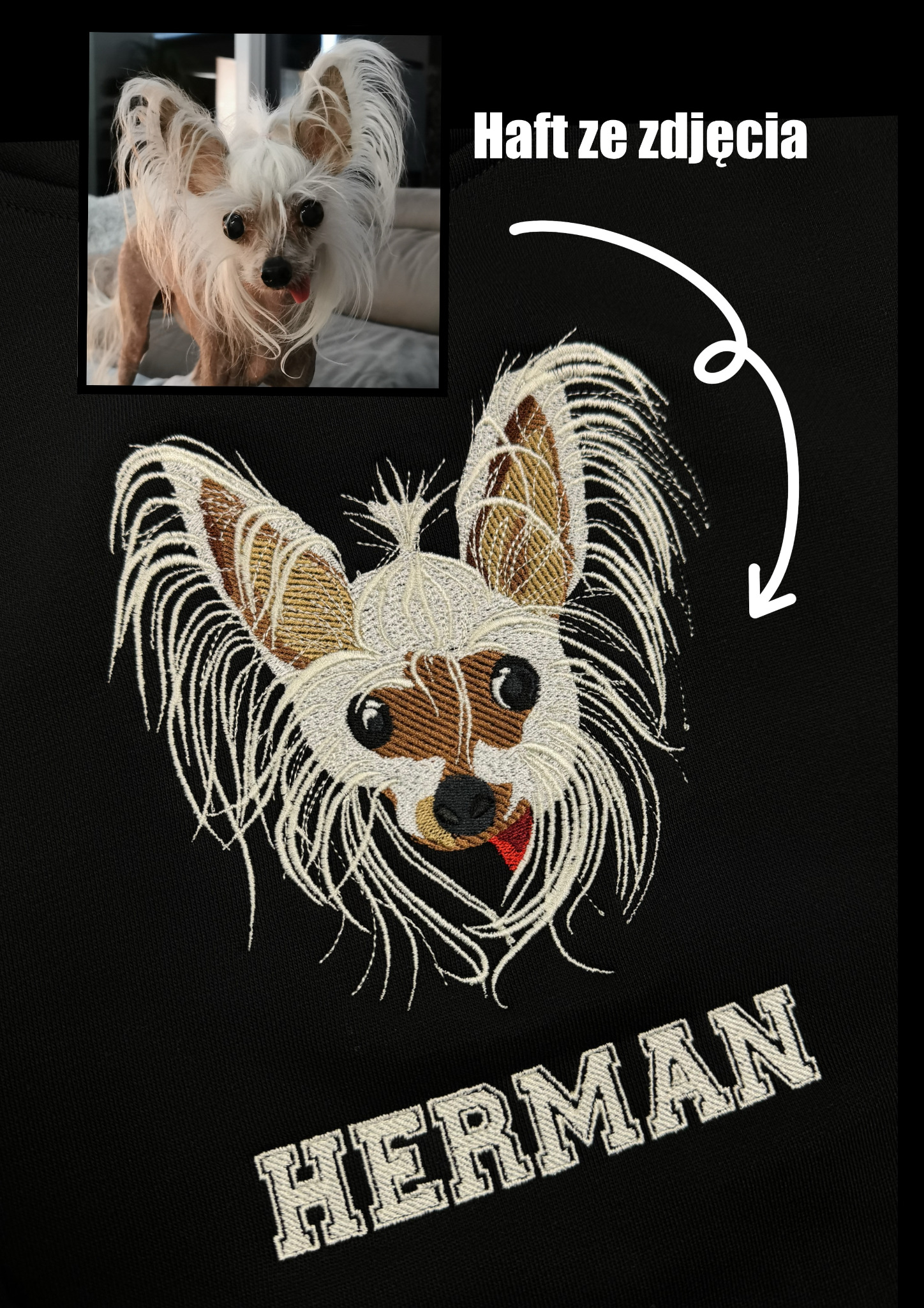 Czarna koszulka z haftem przedstawiającym głowę psa rasy chiński grzywacz na podstawie zdjęcia, poniżej wyhaftowane imię 'HERMAN'.