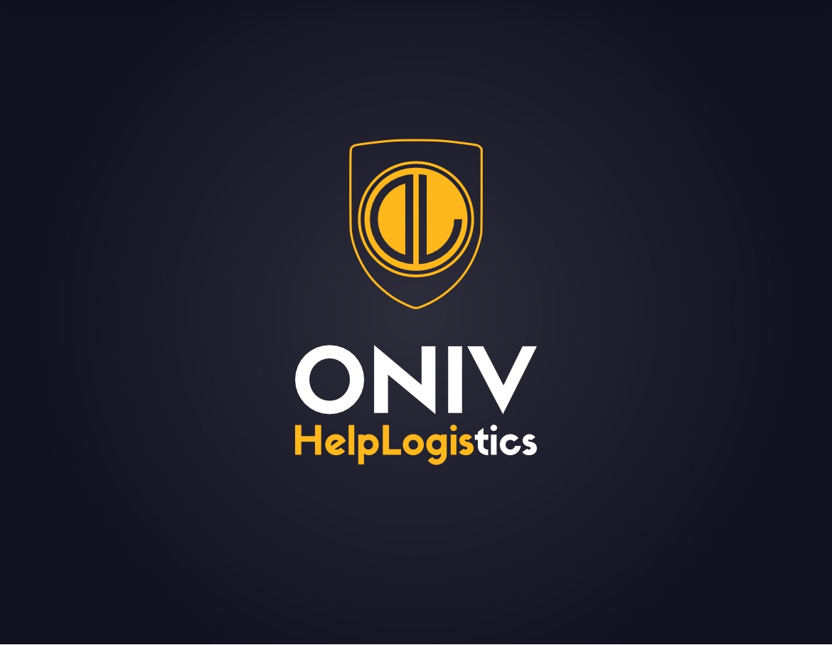 Logo firmy ONIV HelpLogistics na ciemnym tle, z żółtym symbolem tarczy zawierającym litery DL.