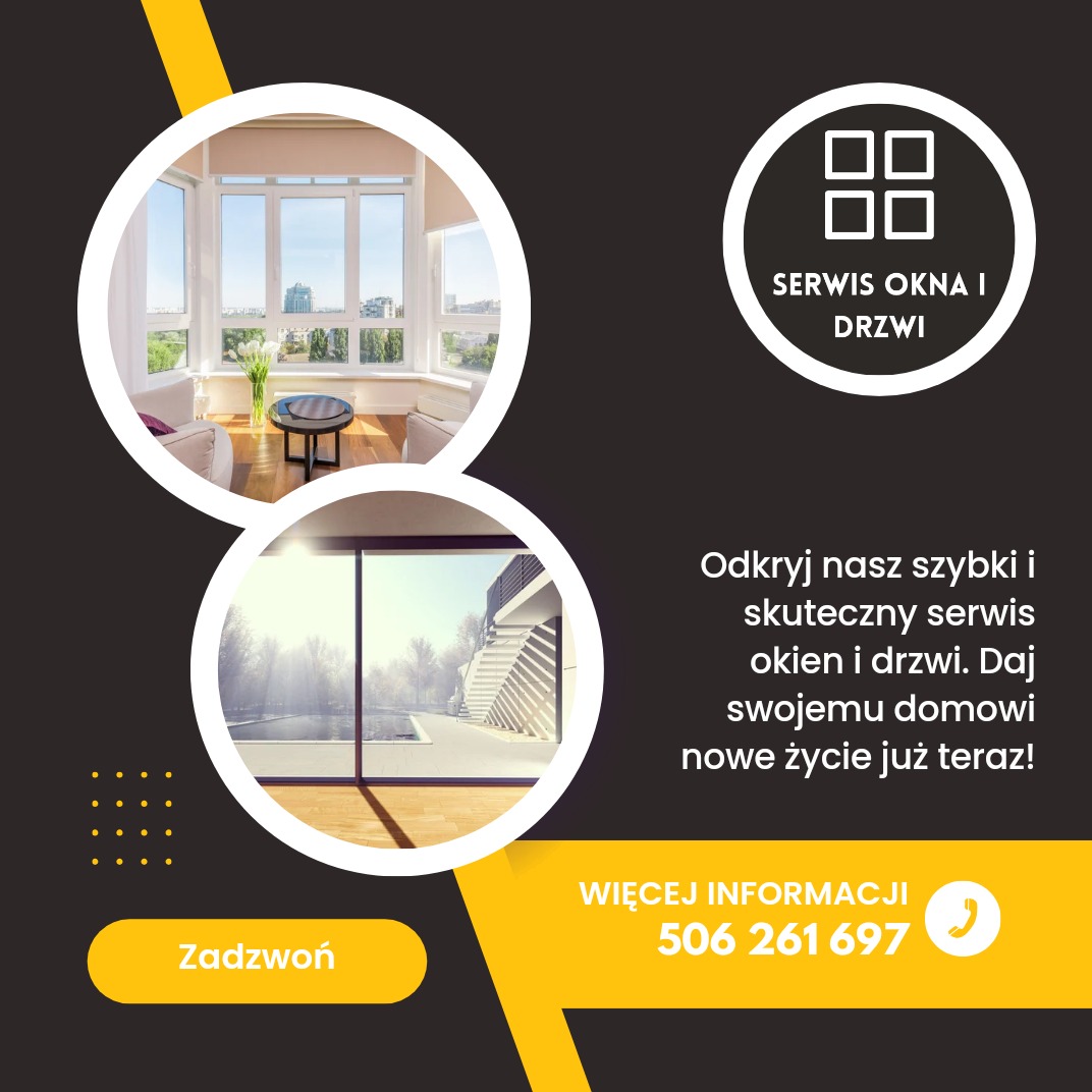 Grafika reklamowa serwisu okien i drzwi z wizualizacjami nowoczesnych okien w salonie i przeszklonego wyjścia na taras.