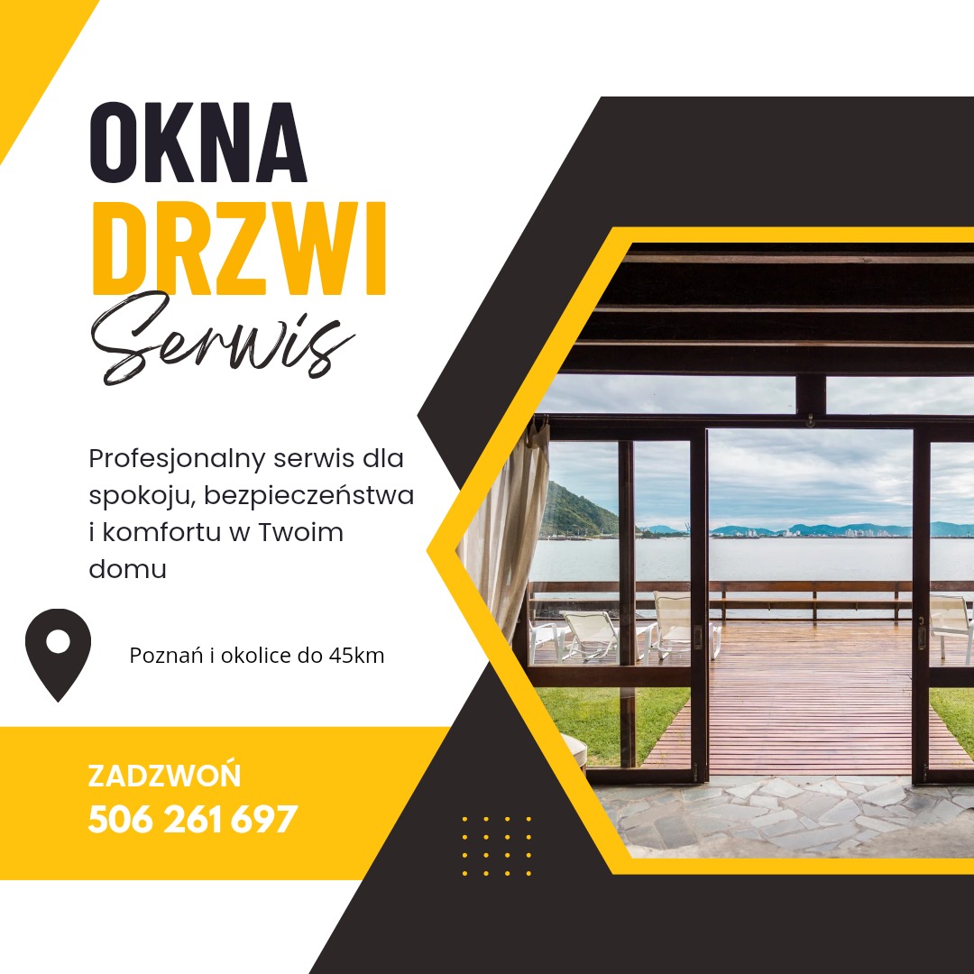 Grafika reklamowa z hasłem 'OKNA DRZWI Serwis', prezentująca przesuwne drzwi balkonowe z widokiem na jezioro, oferująca profesjonalny serwis w Poznaniu i okolicach, z numerem telefonu.
