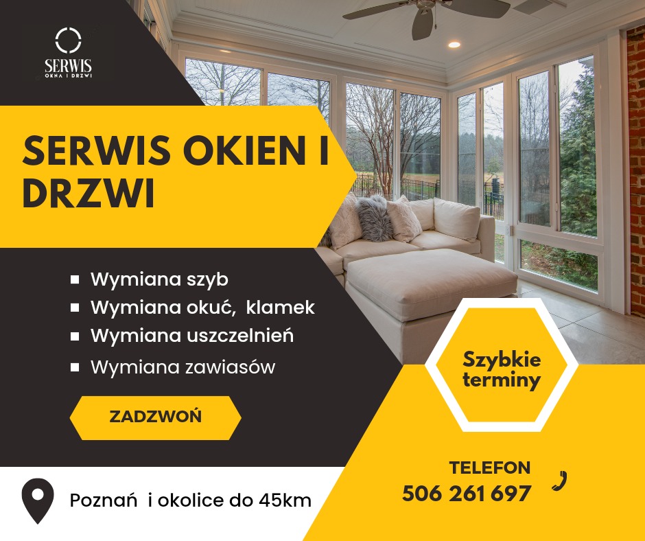 Grafika reklamowa serwisu okien i drzwi z ofertą wymiany szyb, okuć, uszczelnień i zawiasów. W tle widoczny przeszklony pokój z kanapą.