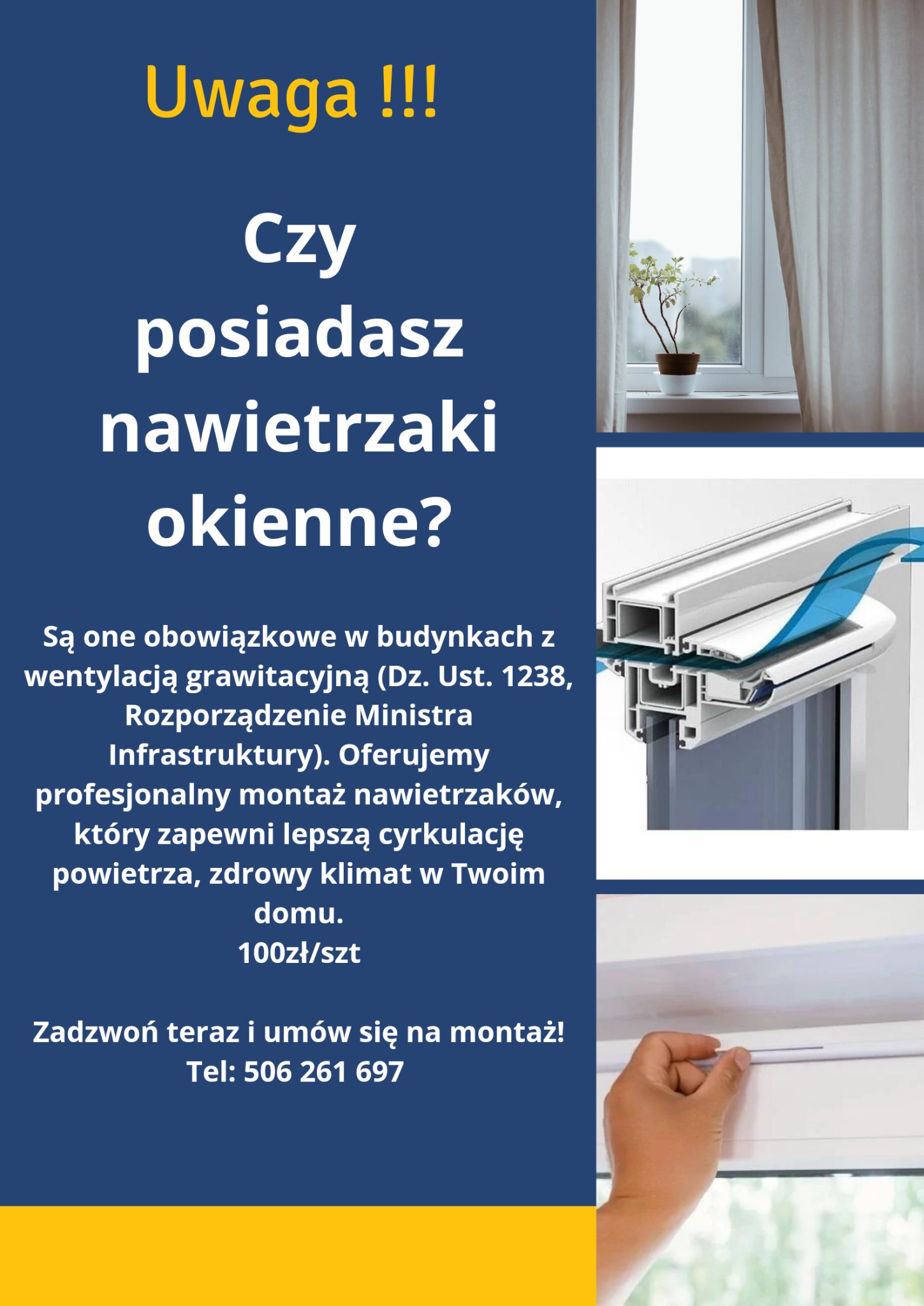 Reklama montażu nawietrzaków okiennych: okno z rośliną w tle, przekrój okna z nawiewnikiem i strzałkami wskazującymi przepływ powietrza, dłoń montująca nawiewnik.