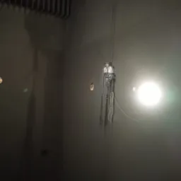 Pracownik w kombinezonie i uprzęży, zawieszony na linach wewnątrz przemysłowego zbiornika, oświetlony jasnym światłem, wykonuje prace na wysokości.