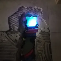 Wykuty otwór w ścianie z widocznymi rurami wewnątrz, podświetlonymi na niebiesko, ukazujący etap prac instalacyjnych.