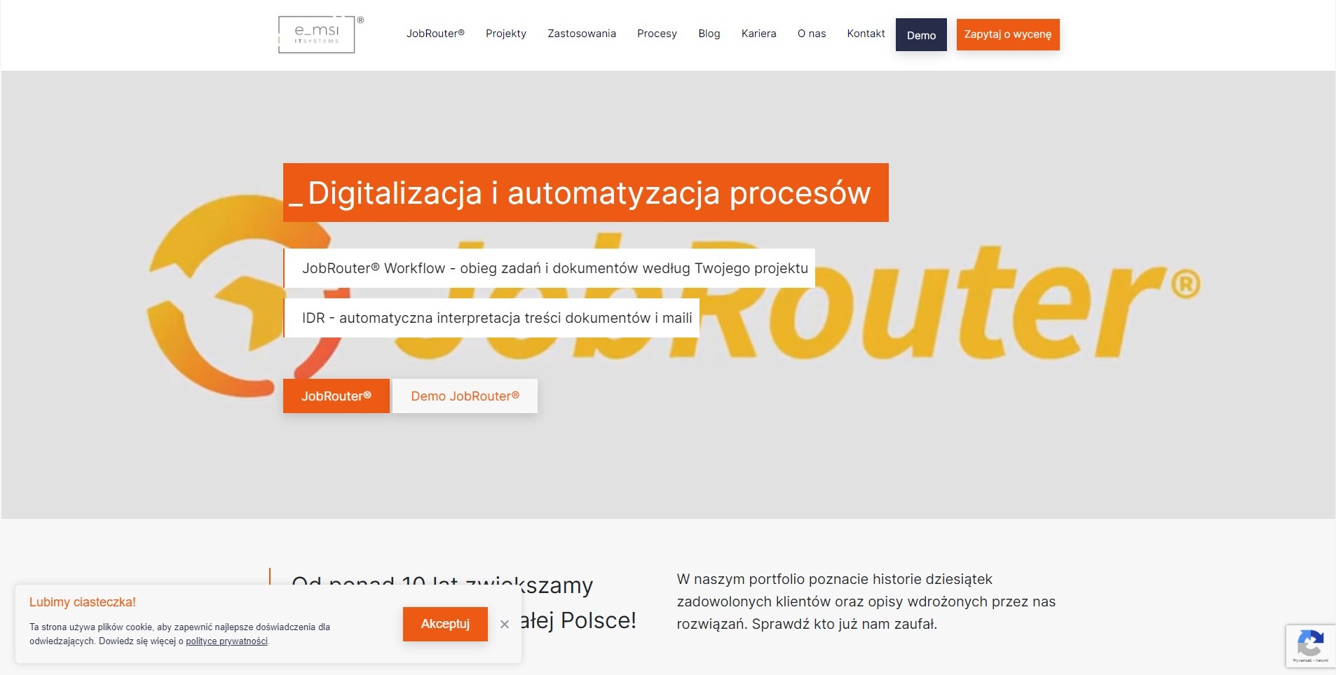 Strona internetowa z nagłówkiem 'Digitalizacja i automatyzacja procesów' oraz logo JobRouter, prezentująca funkcjonalności workflow i automatycznej interpretacji dokumentów.