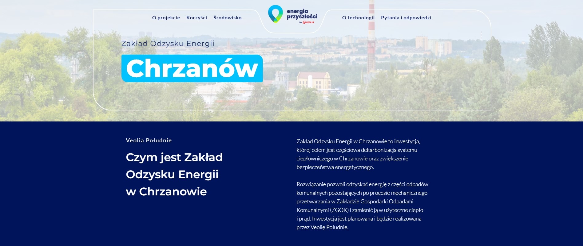 Strona internetowa Zakładu Odzysku Energii w Chrzanowie, prezentująca wizualizację zakładu na tle miasta i zieleni, z logo Energia Przyszłości by Veolia w górnym rogu.