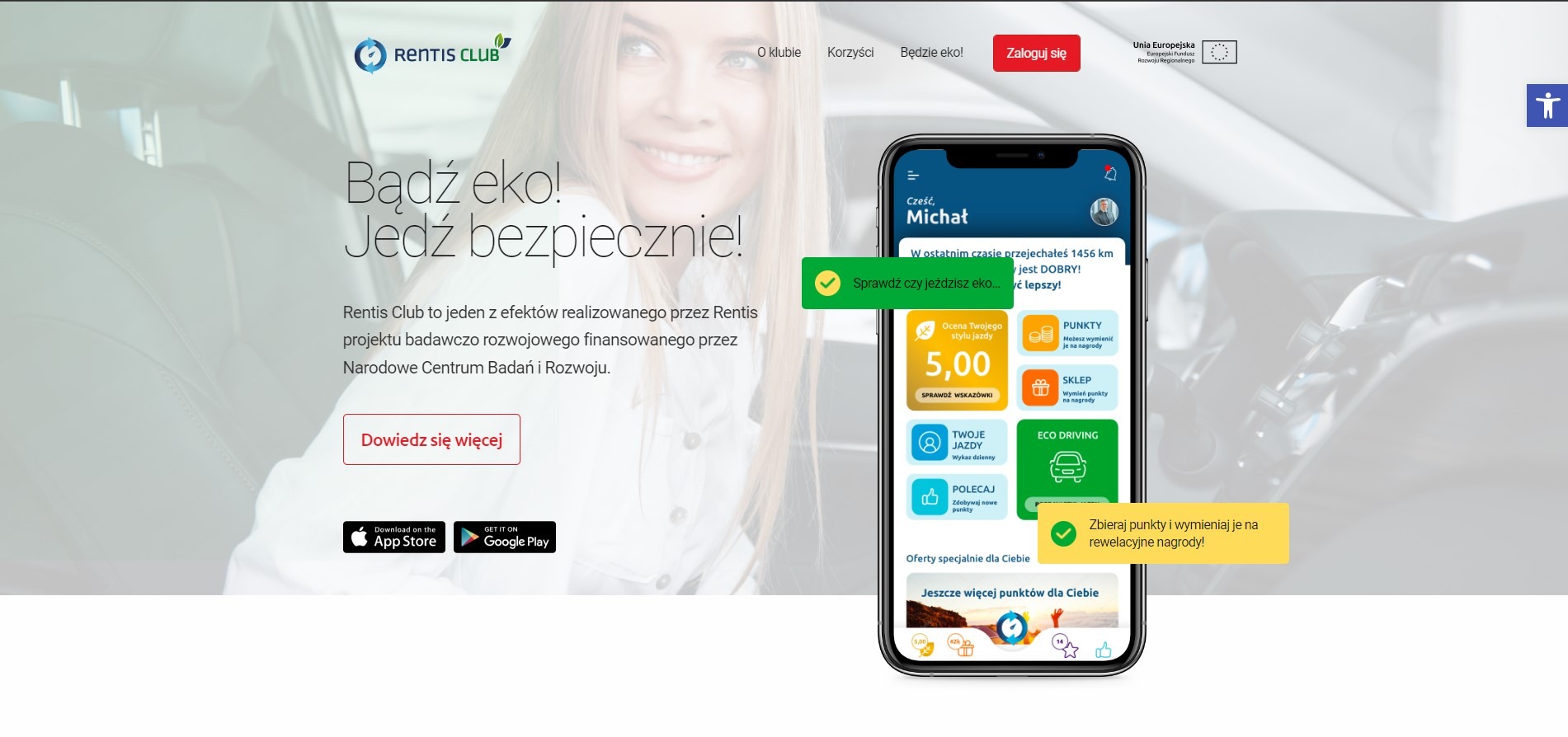 Ekran smartfona prezentujący interfejs aplikacji Rentis Club z oceną stylu jazdy, punktami za eko-driving i ofertami specjalnymi, na tle wnętrza samochodu i uśmiechniętej twarzy kobiety.