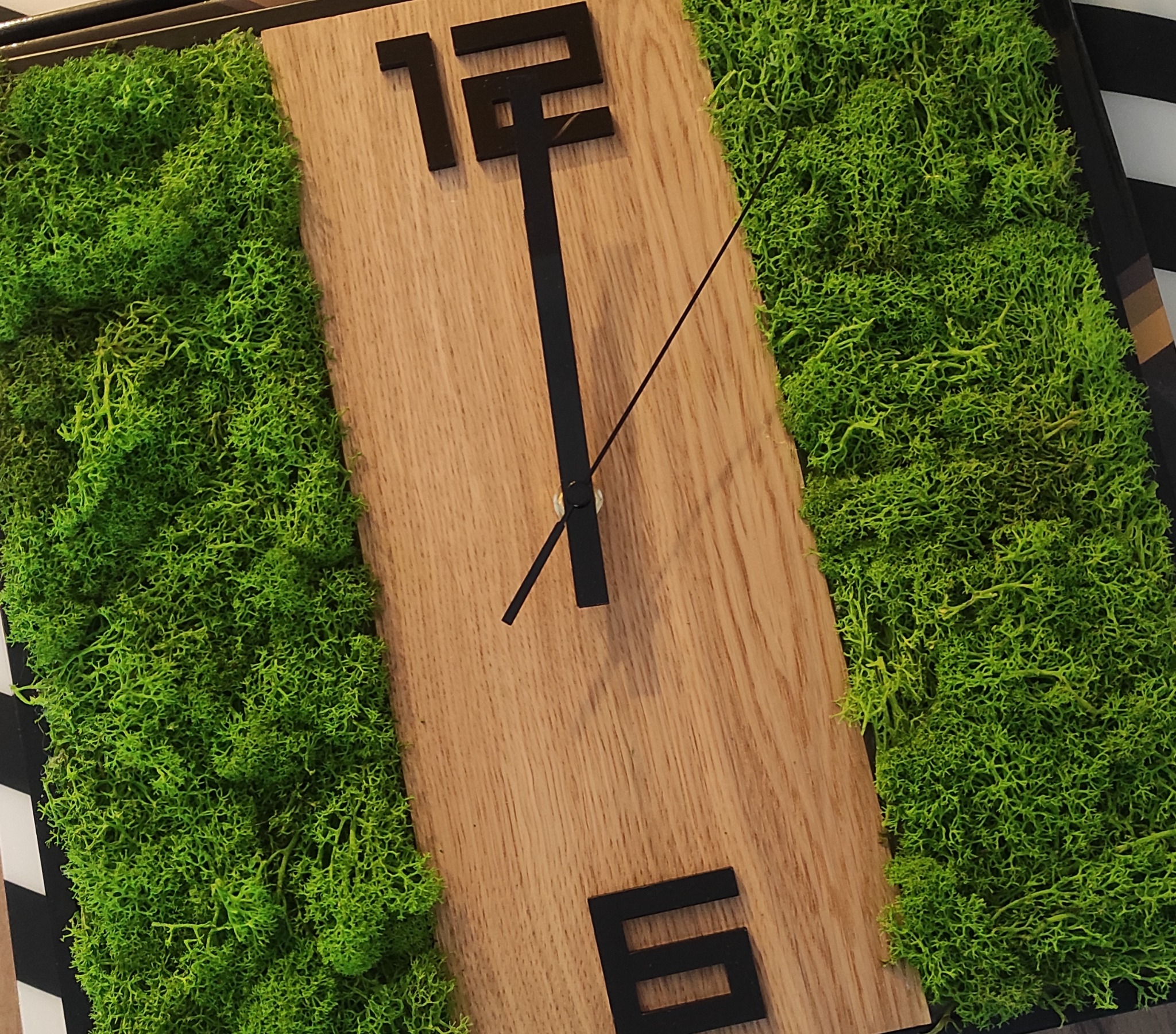 Zegar ścienny z mchem w Sierakowie, z drewnianą tarczą i czarnymi wskazówkami, otoczony intensywnie zielonym mchem.