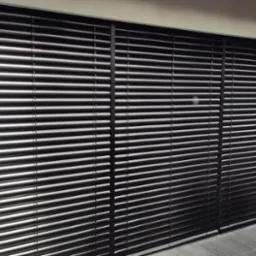 Zewnętrzne, poziome rolety w kolorze ciemnego grafitu, zamontowane na elewacji budynku z widocznym fragmentem kostki brukowej i zieleni w tle.