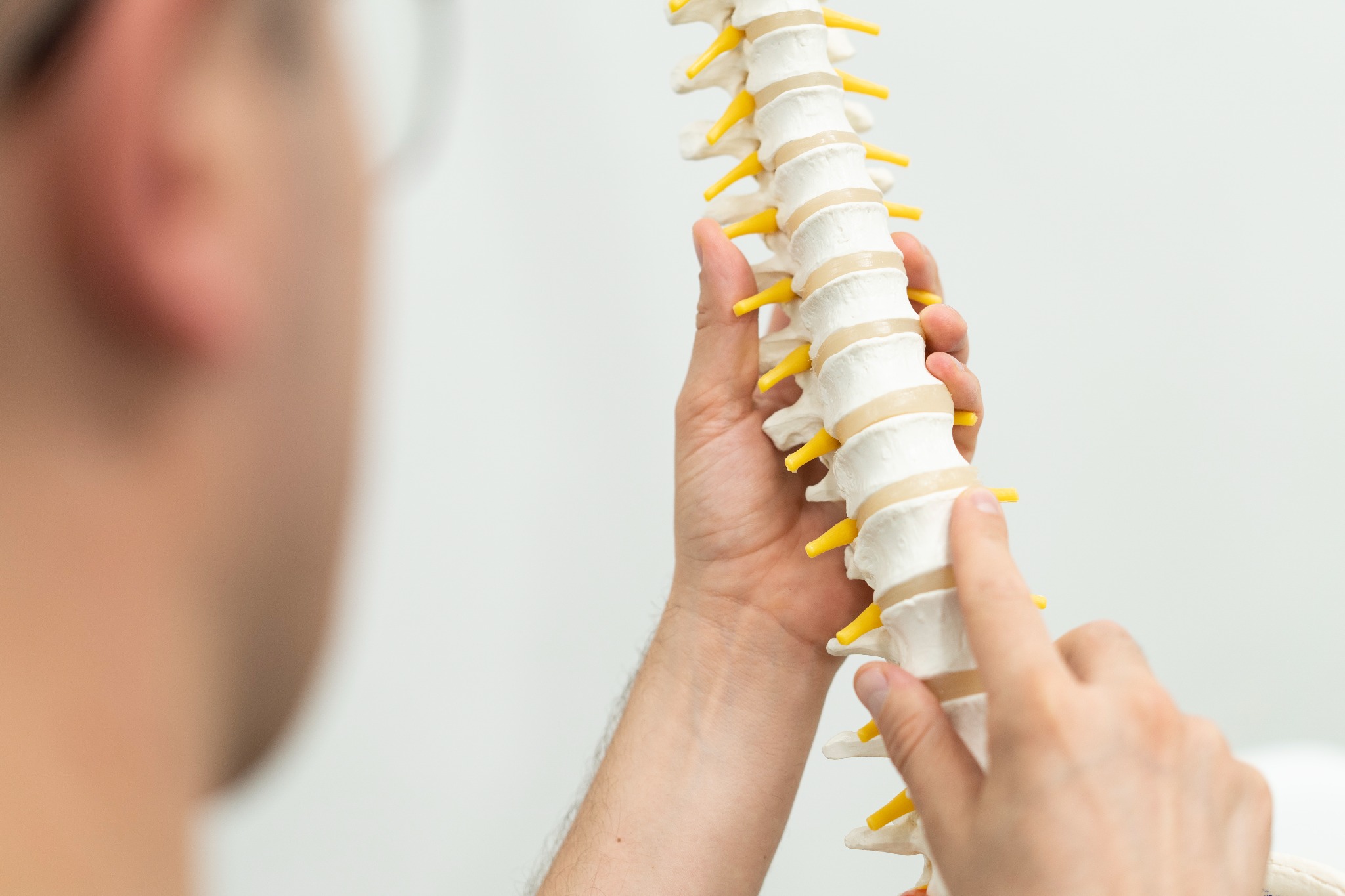 Model kręgosłupa z żółtymi elementami, trzymany i wskazywany przez osobę na jasnym tle.