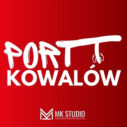 Logo firmy MK Studio z nazwą Port Kowalow na czerwonym tle z białymi literami w stylu graffiti.