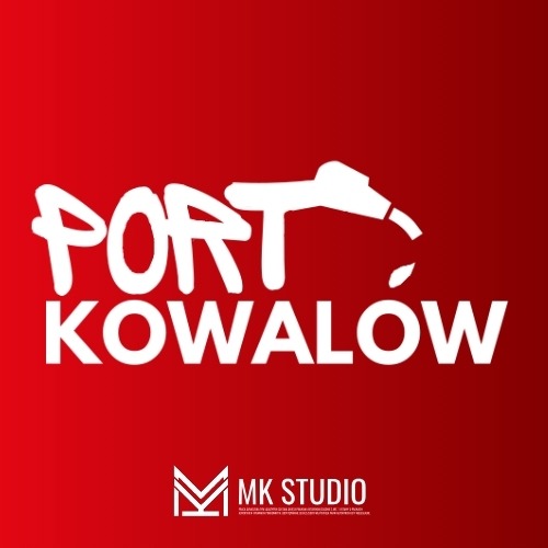 Logo firmy Port Kowalów na czerwonym tle z grafiką przedstawiającą dystrybutor paliwa oraz logo MK Studio w dolnej części zdjęcia.