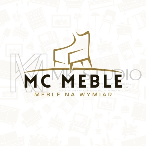 Logo firmy MC Meble prezentujące stylizowany rysunek krzesła nad nazwą firmy i hasłem 'Meble na wymiar' na tle z delikatnym wzorem mebli.