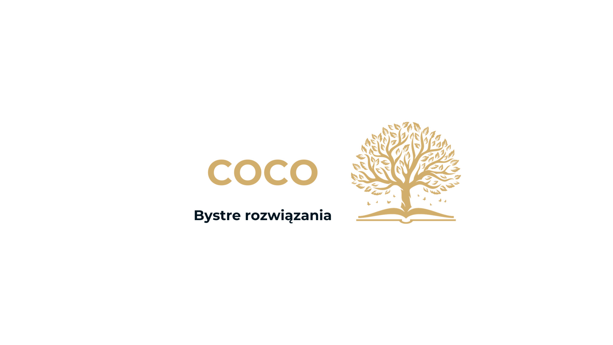 Logo firmy COCO z hasłem 'Bystre rozwiązania', przedstawiające stylizowane drzewo wiedzy wyrastające z otwartej książki, utrzymane w odcieniach złota na białym tle.