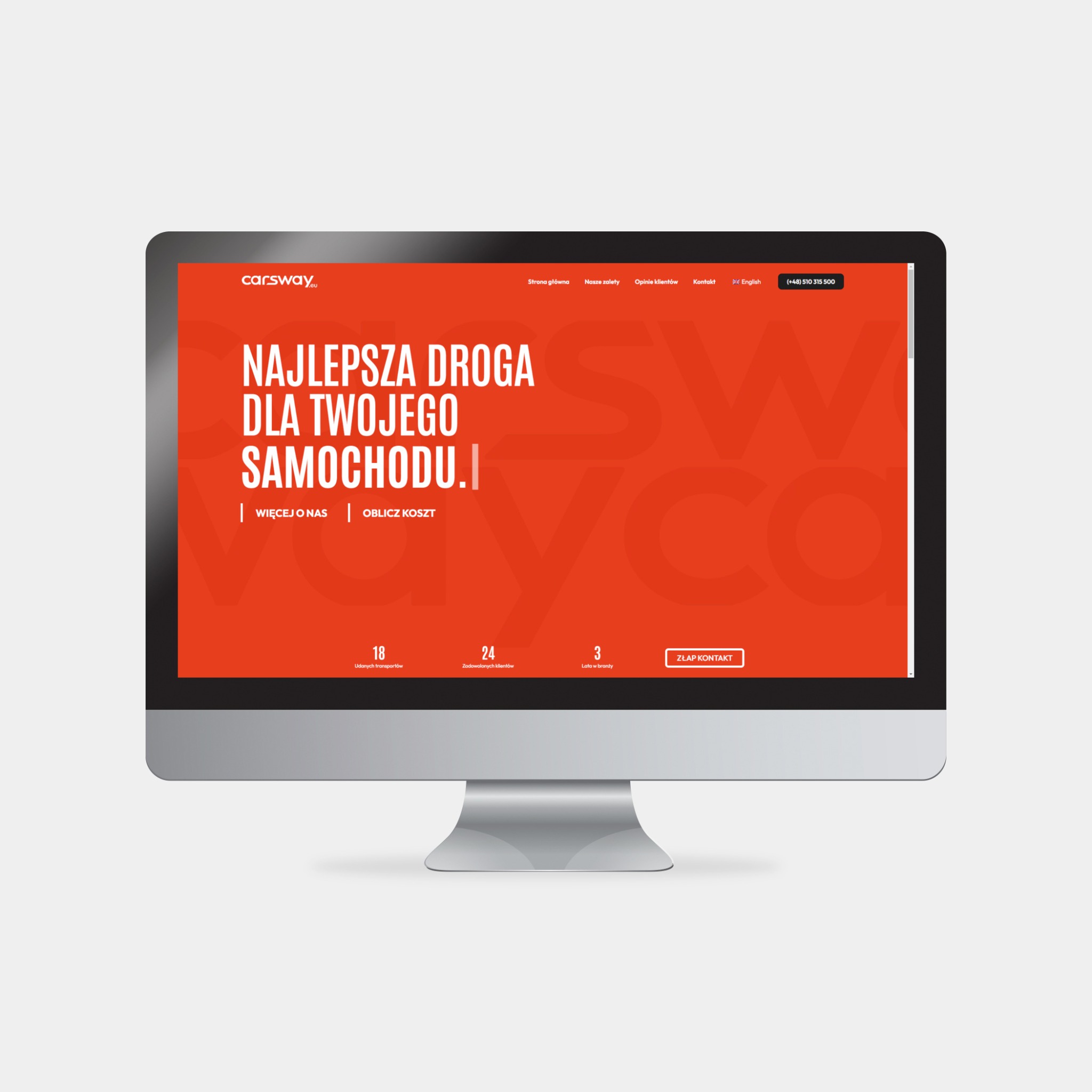 Ekran komputera wyświetla stronę internetową firmy Carsway.eu, specjalizującej się w transporcie samochodów sportowych. Strona ma pomarańczowe tło z białym tekstem 'Najlepsza droga dla Twojego...