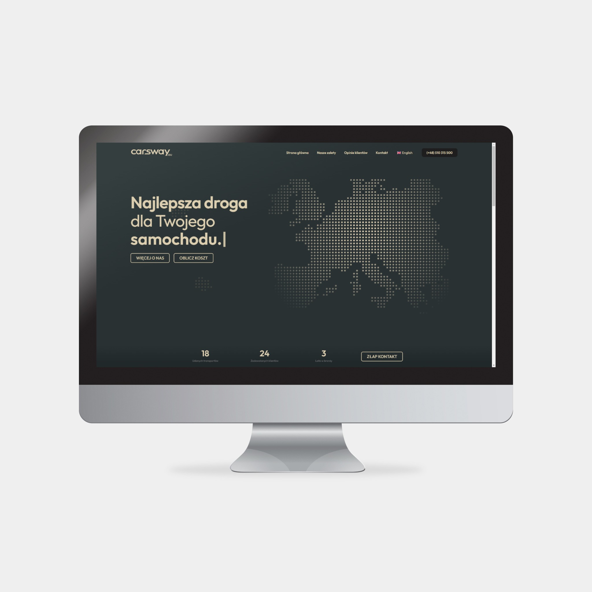 Ekran monitora wyświetla projekt strony internetowej firmy Carsway.eu, oferującej transport samochodów sportowych. Widoczny nagłówek z logo, hasło 'Najlepsza droga dla Twojego samochodu' oraz mapa...