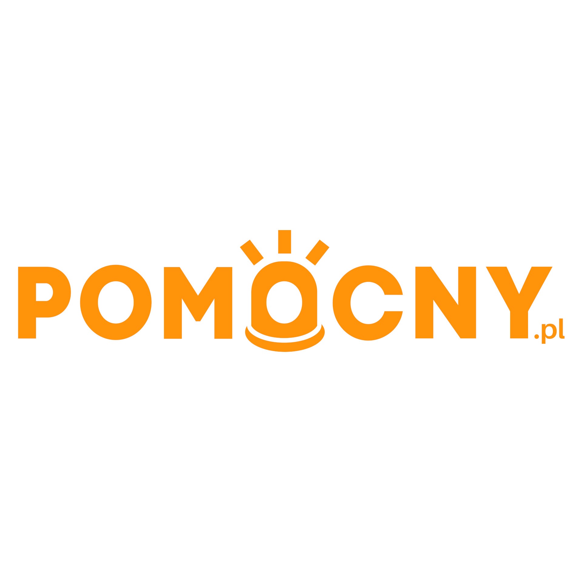 Pomocny.pl logo w kolorze pomarańczowym na białym tle. Litera 'Ó' stylizowana na żarówkę.