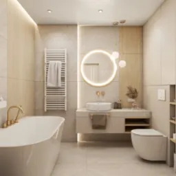 Beżowa łazienka z wanną, umywalką i toaletą w nowoczesnym stylu. Okrągłe lustro z podświetleniem, złota armatura i minimalistyczne dodatki tworzą elegancki wystrój.