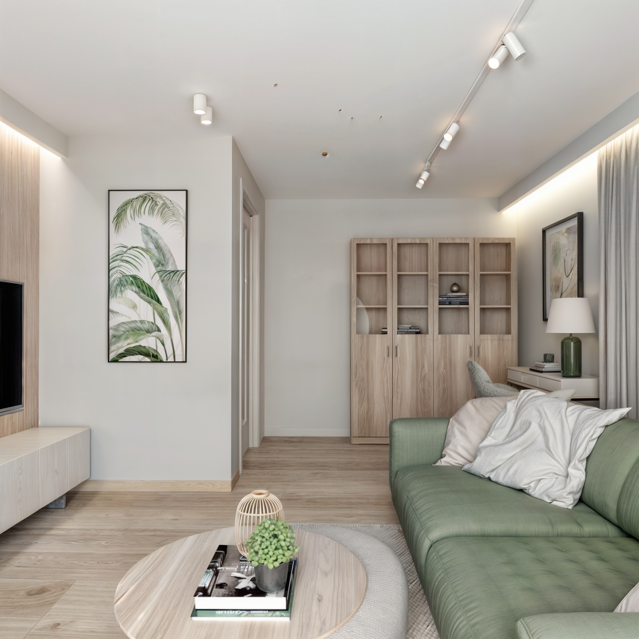 Jasne, przestronne wnętrze salonu z zieloną sofą, okrągłym stolikiem kawowym, drewnianą zabudową TV i regałem na książki, oświetlone reflektorami.