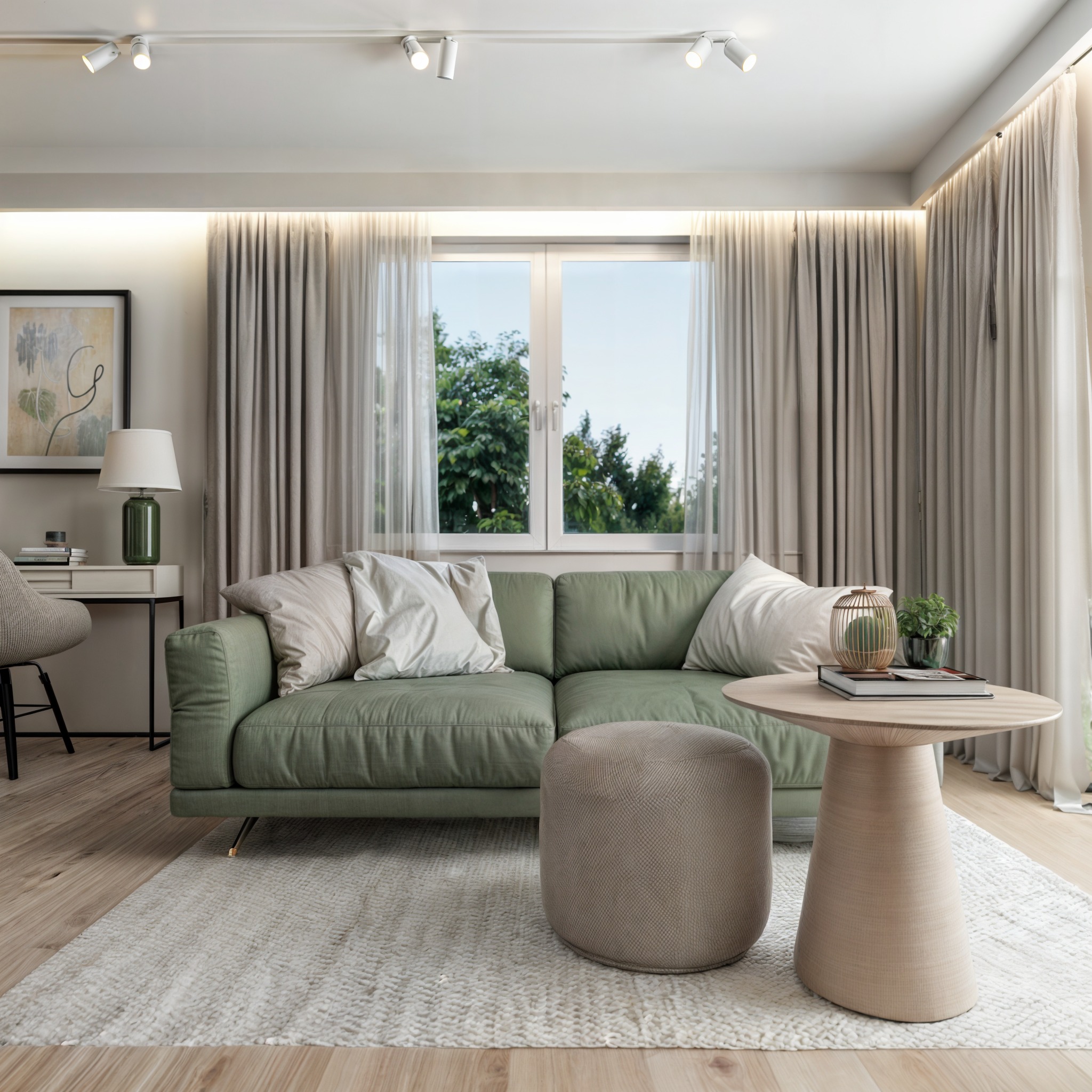 Jasne wnętrze salonu z zieloną sofą, beżowym pufem i okrągłym stolikiem kawowym z dekoracjami, dywan o grubej fakturze, oświetlenie punktowe na suficie.