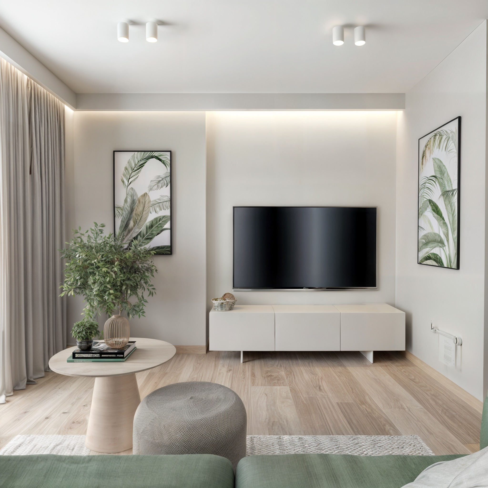 Jasne, minimalistyczne wnętrze salonu z telewizorem, okrągłym stolikiem kawowym z roślinami i pufem, uzupełnione o grafiki z motywami roślinnymi.