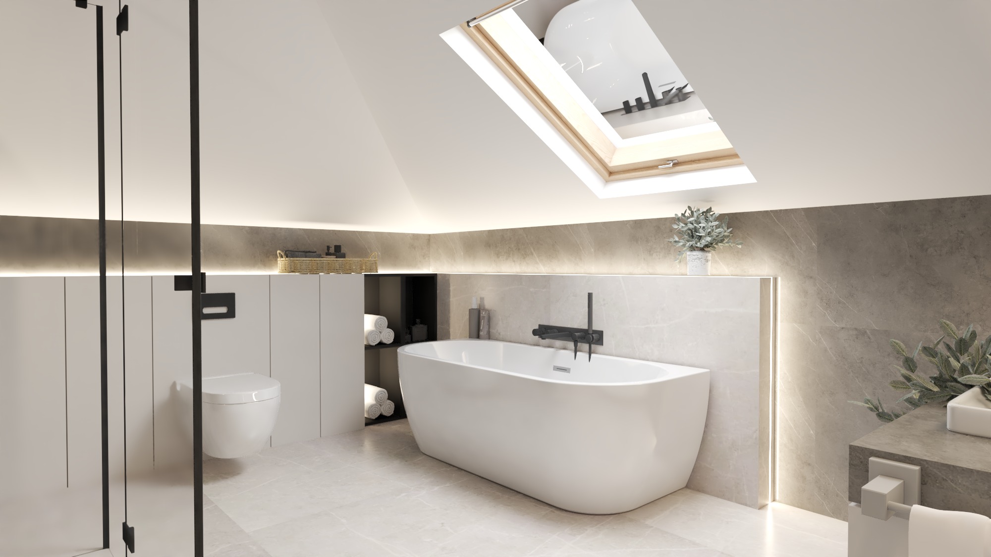 Nowoczesna łazienka na poddaszu z białą wolnostojącą wanną, toaletą podwieszaną i oknem dachowym, oświetlona listwami LED.
