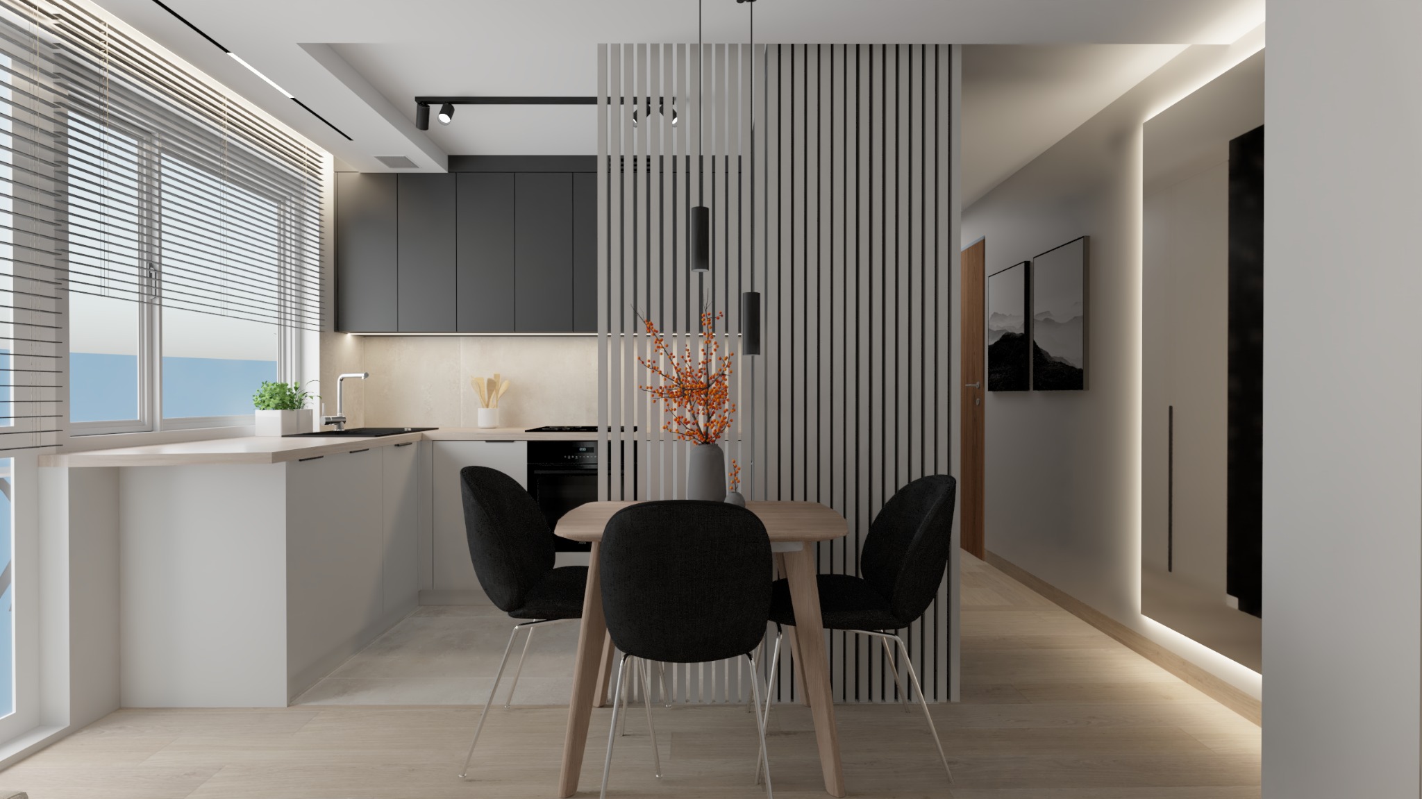 Nowoczesna aranżacja wnętrza z otwartą kuchnią, jadalnią z drewnianym stołem i czarnymi krzesłami oraz dekoracyjną ścianką z drewnianych listew.