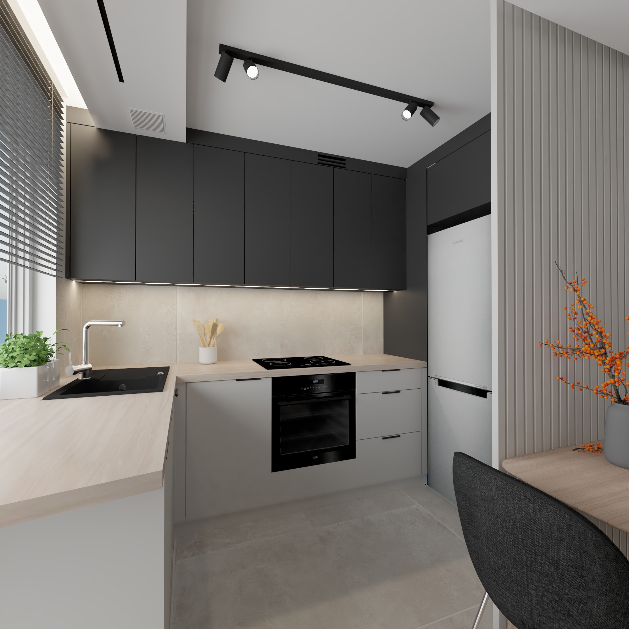 Nowoczesna kuchnia z czarnymi szafkami górnymi, jasnymi szafkami dolnymi, czarnym zlewem i płytą indukcyjną, oświetleniem punktowym oraz dekoracyjną ścianą z pionowych paneli.