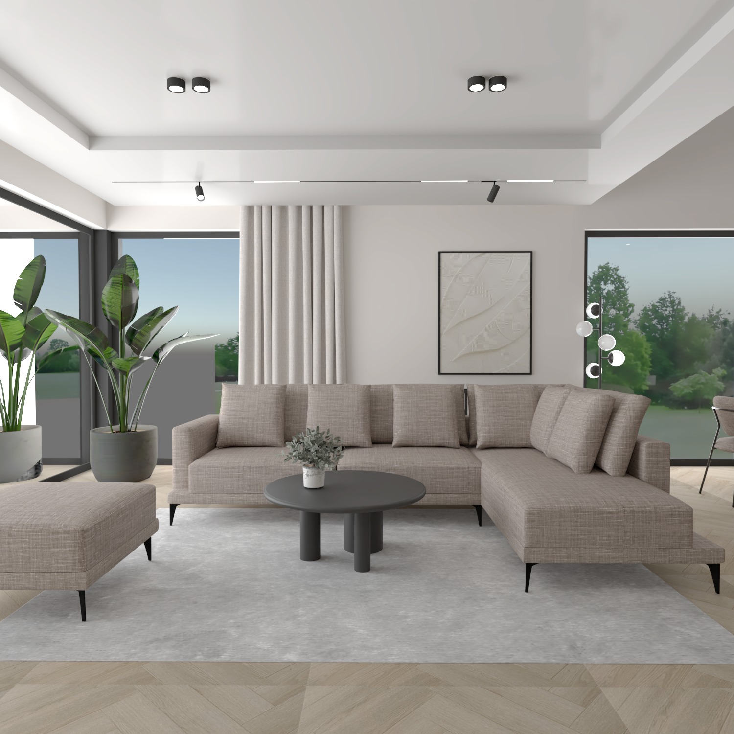 Beżowy narożnik z pufą na jasnym dywanie w salonie z parkietem w jodełkę. Minimalistyczny wystrój z roślinami i dużymi oknami.