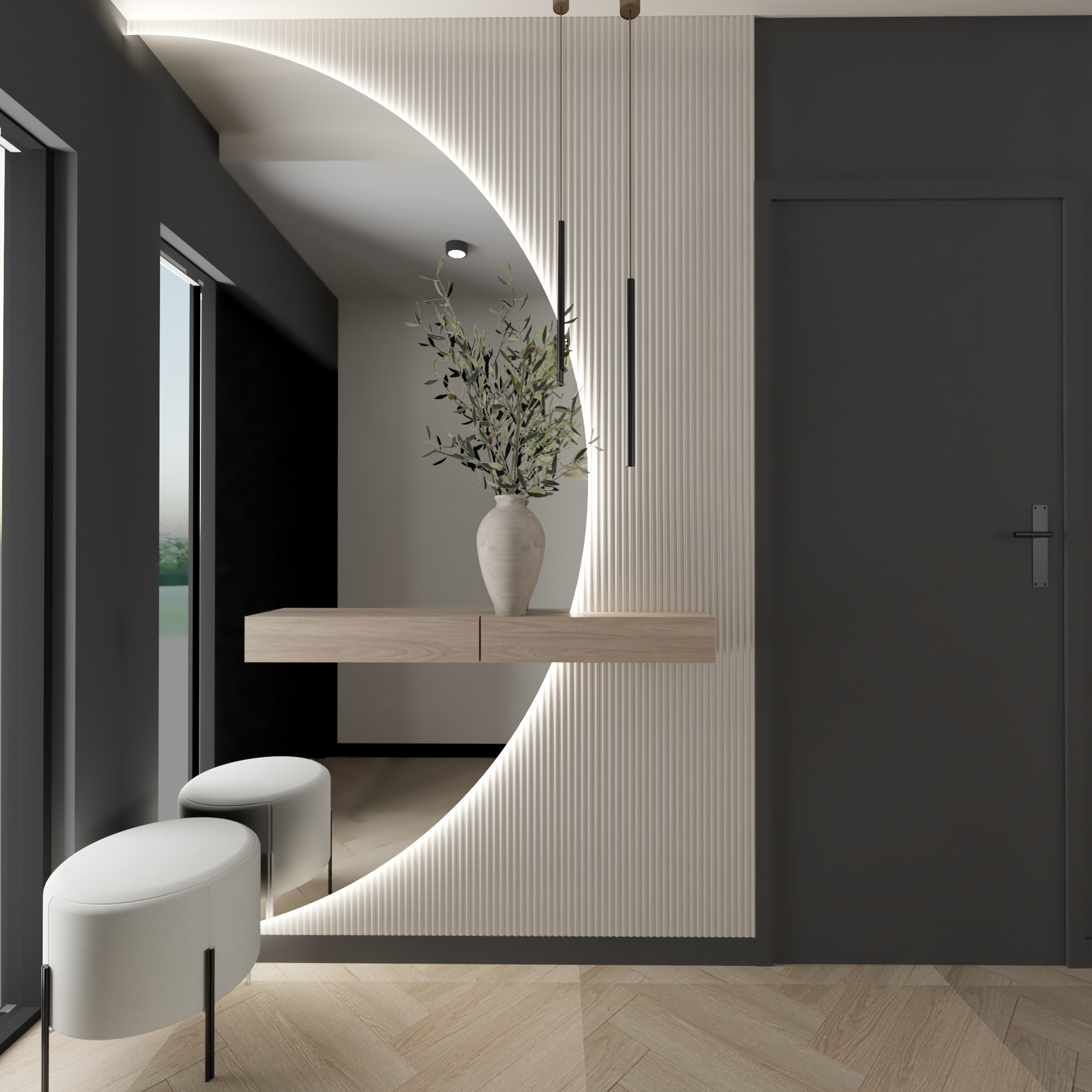 Nowoczesny przedpokój z lustrem w kształcie półksiężyca, podświetlaną ścianą z lamelami i drewnianą konsolą. Dwa białe pufy i parkiet w jodełkę dodają elegancji.