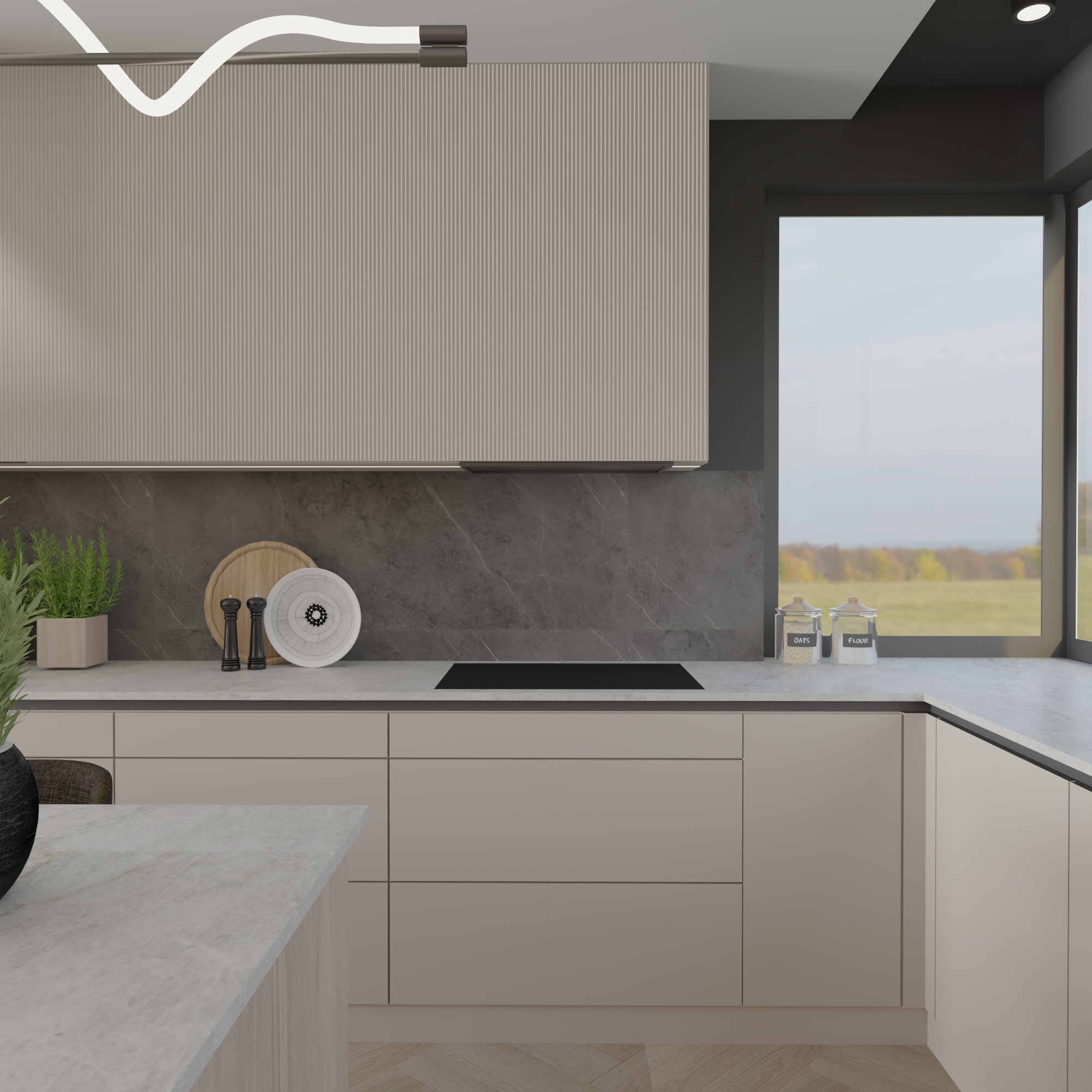 Nowoczesna kuchnia w beżach z marmurowym blatem i widokiem na jesienny krajobraz. Minimalistyczny design, oświetlenie LED i drewniana podłoga w jodełkę.