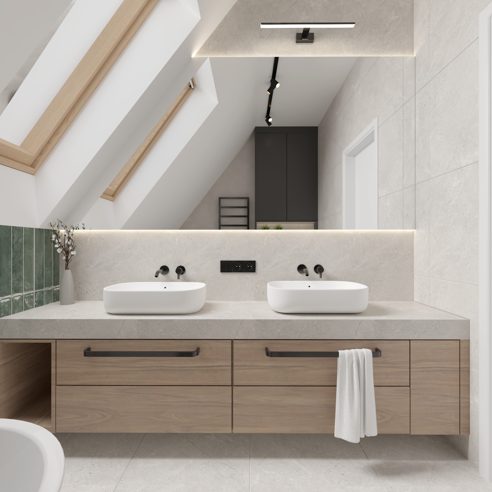 Jasna łazienka na poddaszu z dwoma umywalkami nablatowymi, drewnianą szafką pod umywalką i zielonym akcentem w postaci płytek. Oświetlenie LED.