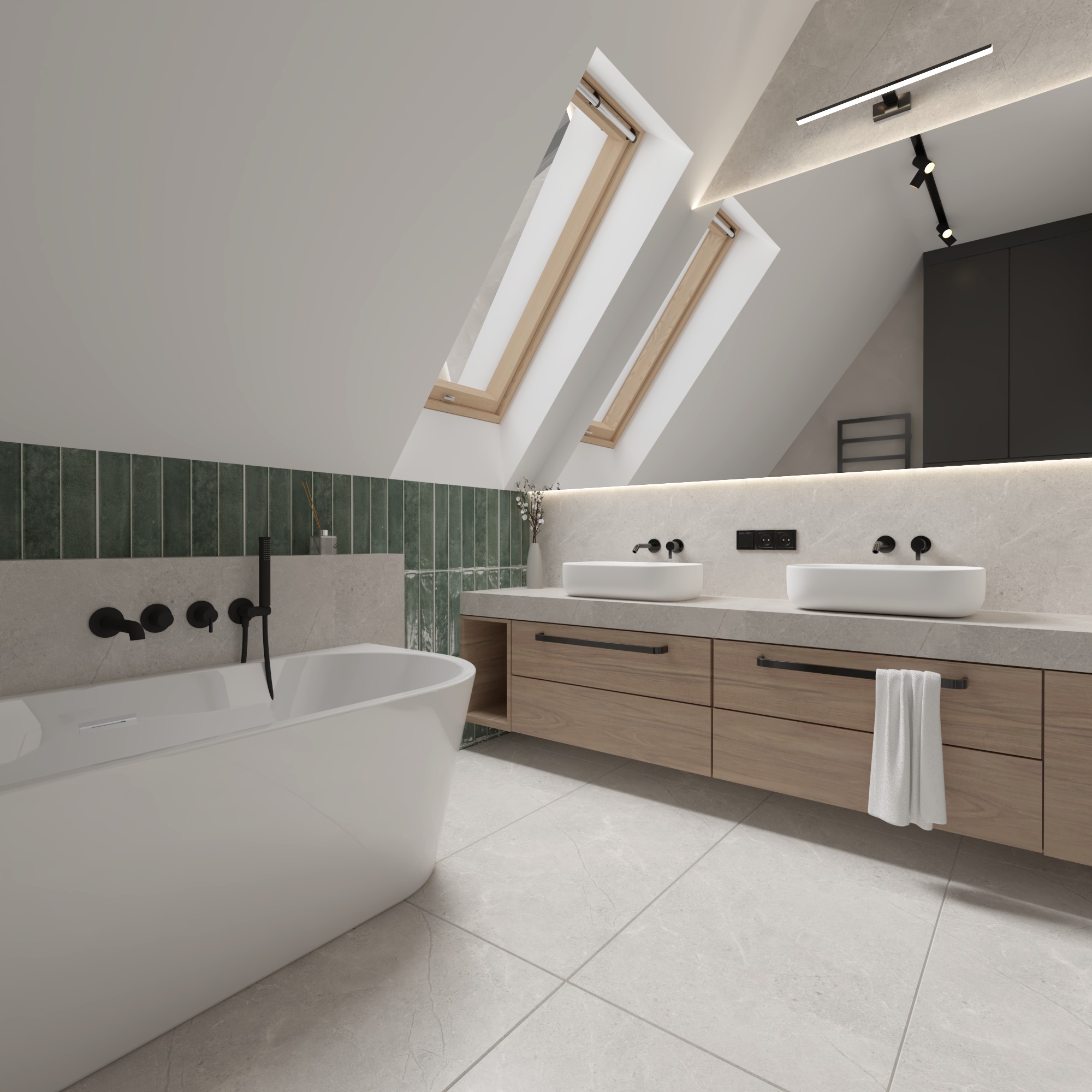Nowoczesna łazienka na poddaszu z wanną, dwiema umywalkami, drewnianą szafką i zielonymi płytkami. Okna dachowe wpuszczają światło.