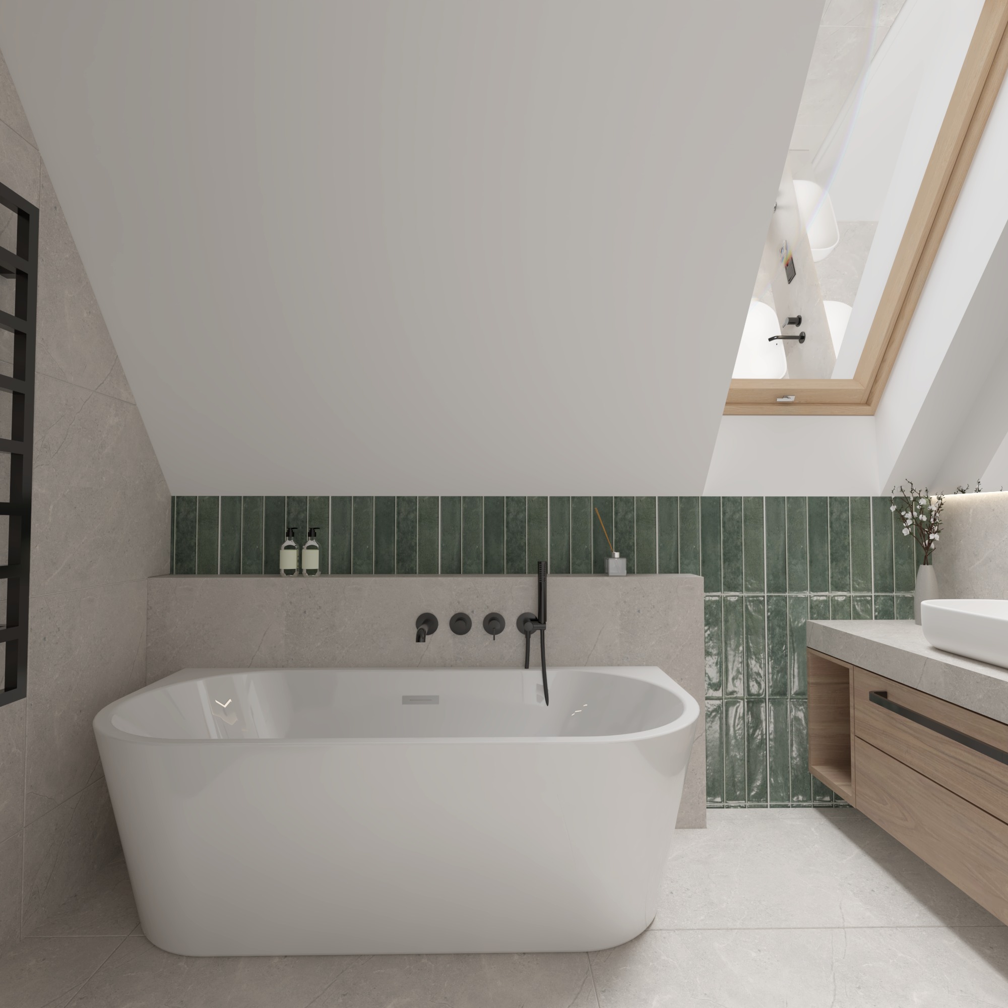 Stylowa łazienka na poddaszu w Oświęcimiu: biała wanna wolnostojąca, zielone płytki typu 'cegiełka' i drewniana szafka pod umywalką. Okno dachowe doświetla wnętrze.