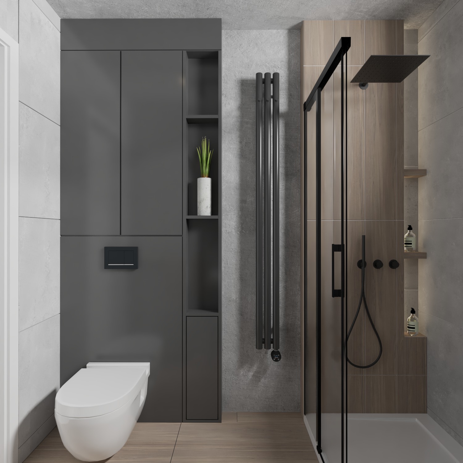 Minimalistyczna łazienka z kabiną typu walk-in, szarą zabudową, wiszącą toaletą i grzejnikiem drabinkowym. Użyto płytek w odcieniach szarości i drewna.