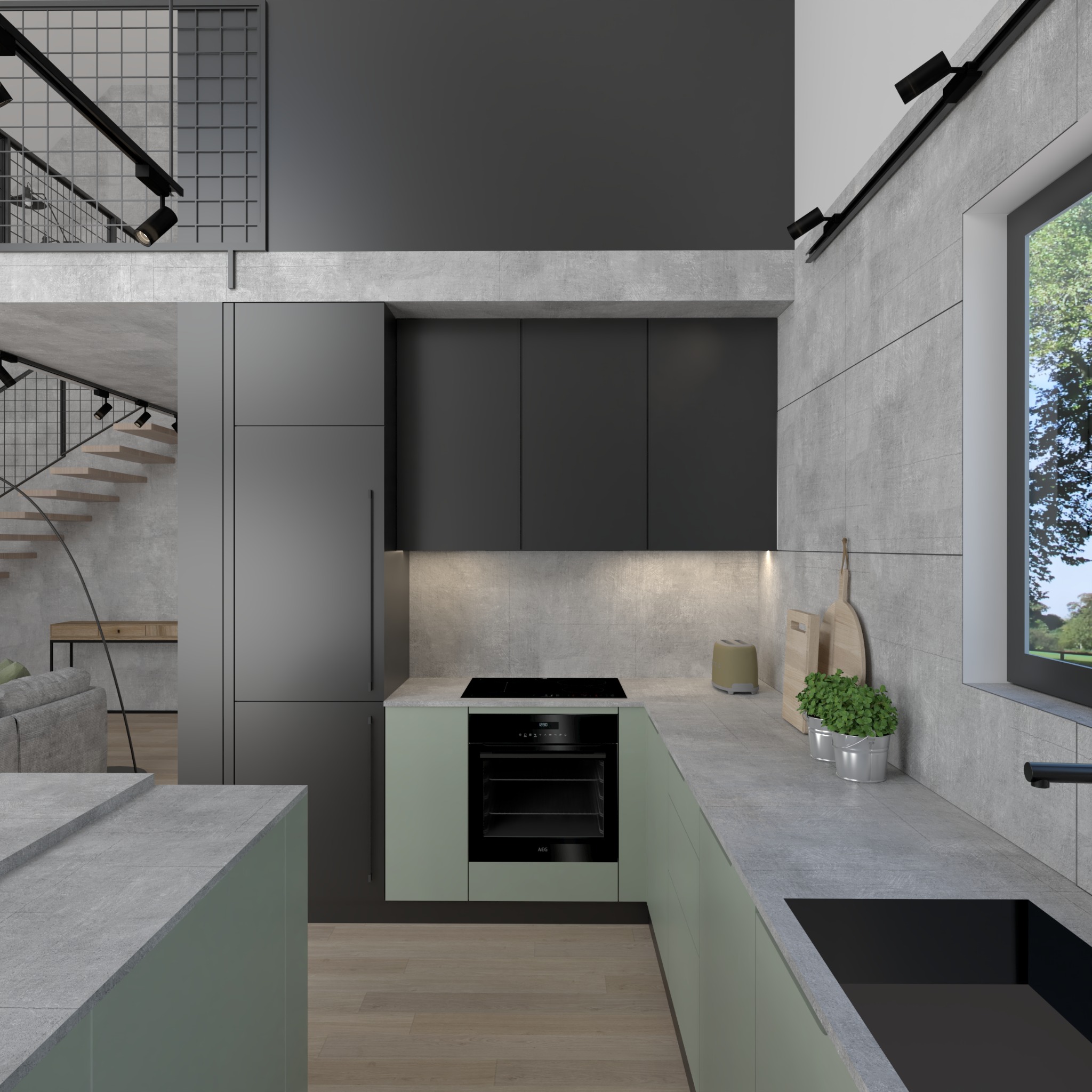 Loftowa kuchnia z szarymi szafkami, zielonymi frontami i betonowymi ścianami. Widoczne schody z drewnianymi stopniami i metalową balustradą. Minimalistyczny design.