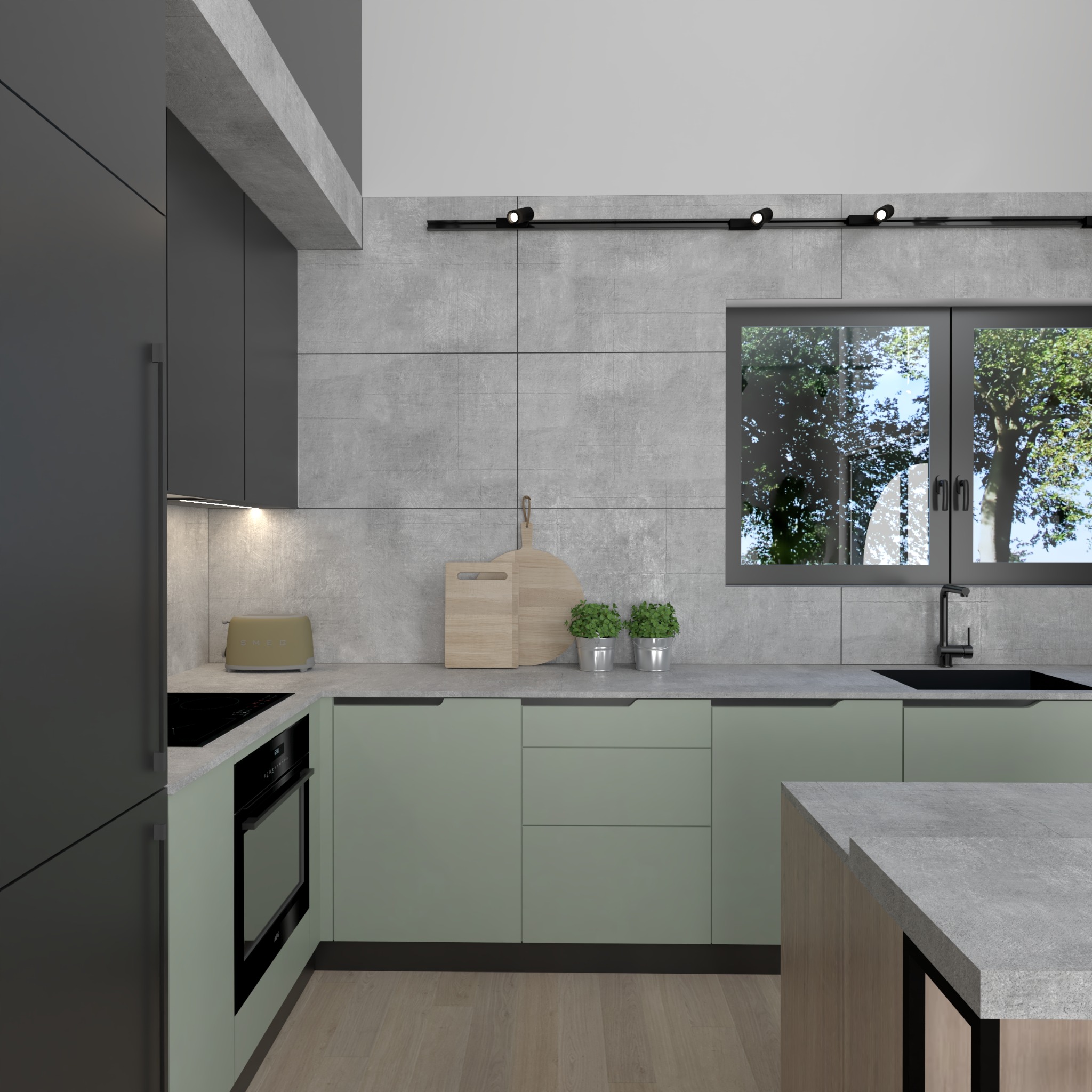 Nowoczesna kuchnia z zielonymi szafkami i szarą ścianą z płytek. Na blacie deski do krojenia i zioła w doniczkach. Okno z widokiem na drzewa. Oświetlenie podszafkowe.